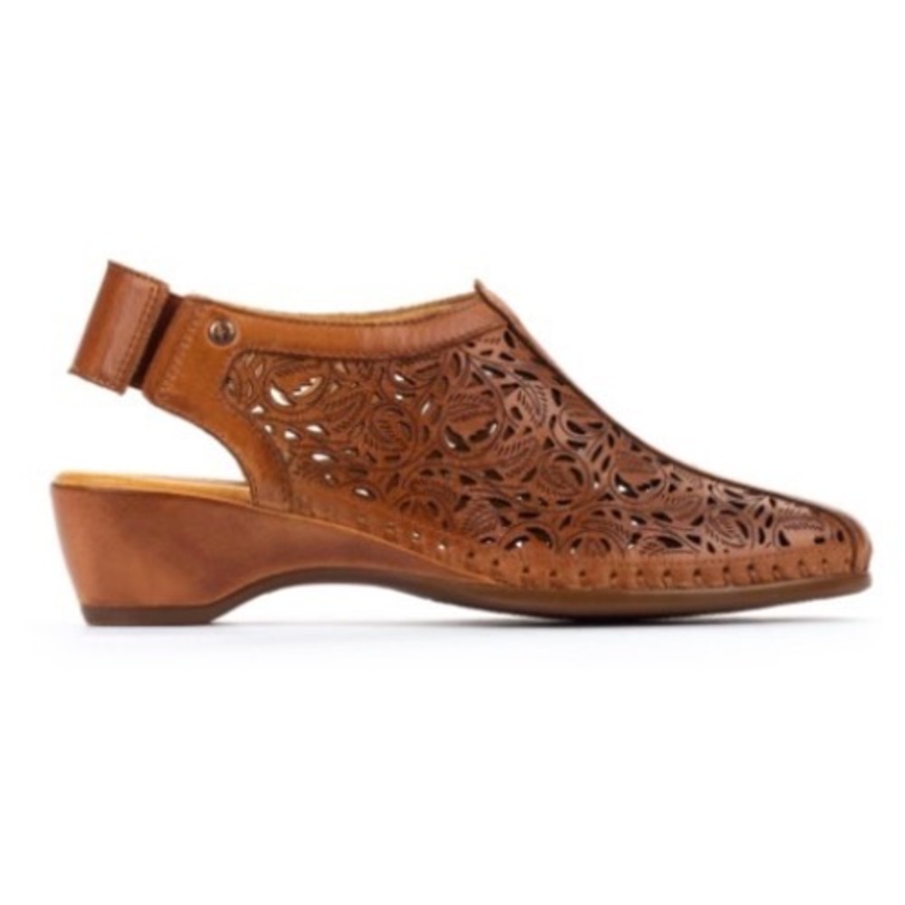 Pikolinos Sandals 41 Tan Leather Laser Cut Perforated Slingback Wedge Boho